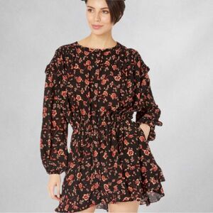 Free People Dress XS Black Orange Tie Waist Floral Oversized Boho Mini Dress